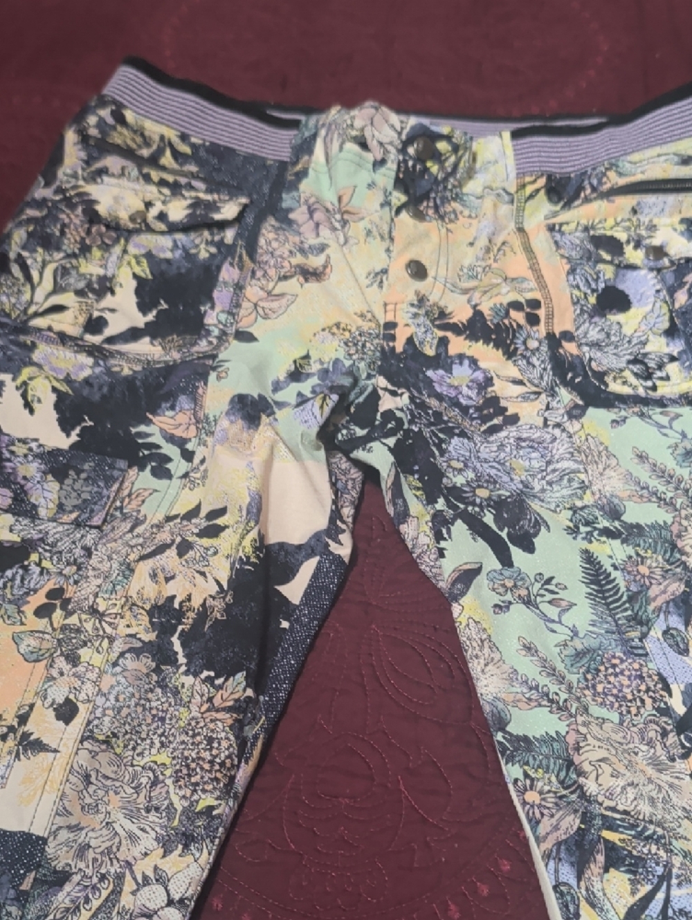 Free People Floral Patchwork Wide-Leg Pants in Pastel Mint, Peach, Navy - Picture 2 of 8